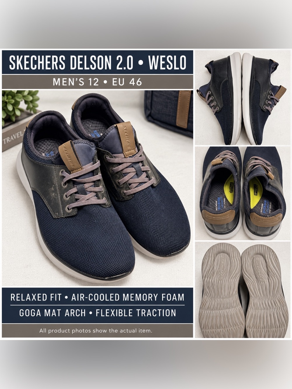 Skechers Delson 2.0 Weslo Men 12 Navy Relaxed Fit Goga Mat Memory Foam Shoes EUC